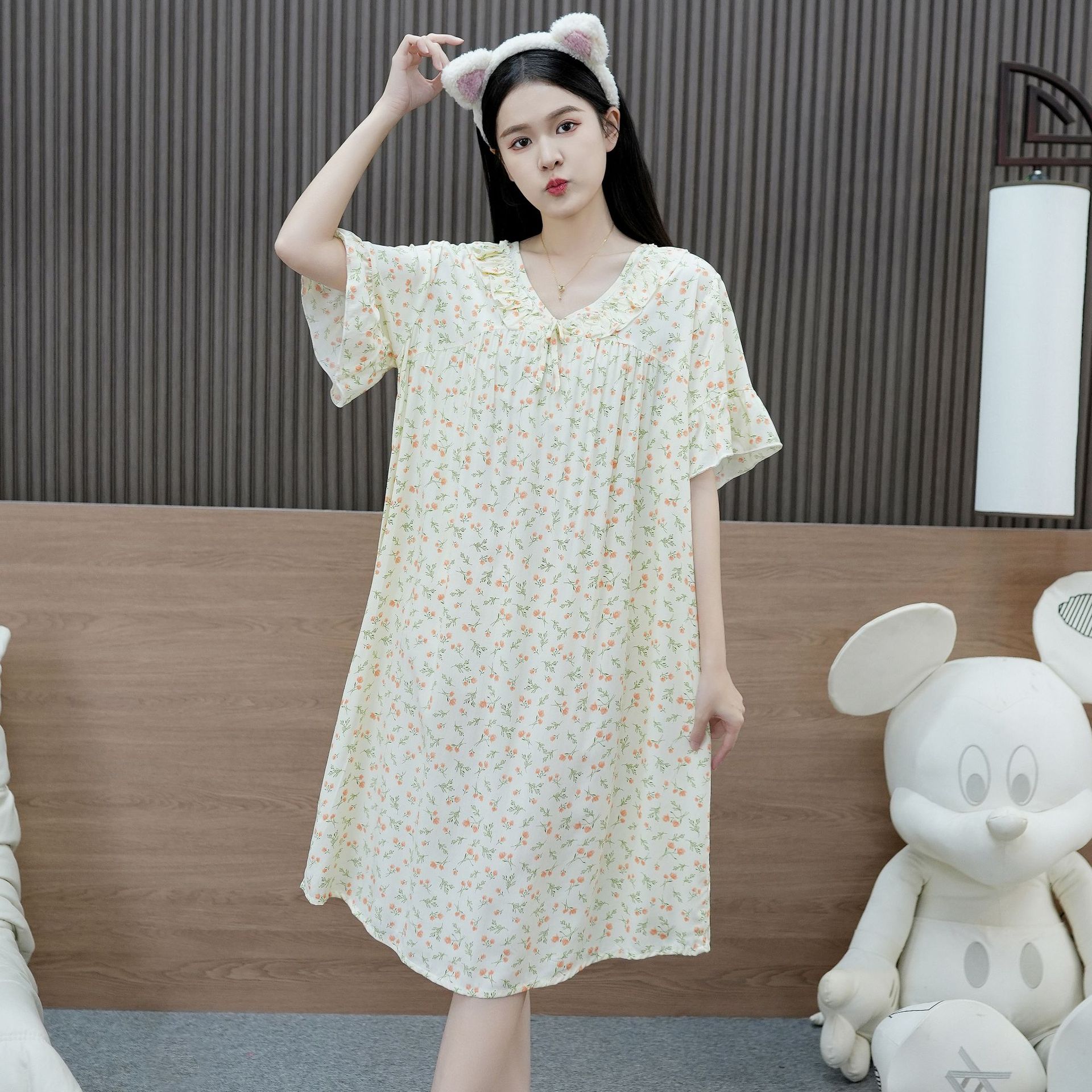 Pigiami da donna Camicia da notte in cotone e seta, da donna, stampata, con piccoli fiori, a maniche corte, da casa, sottile_voghion.com
