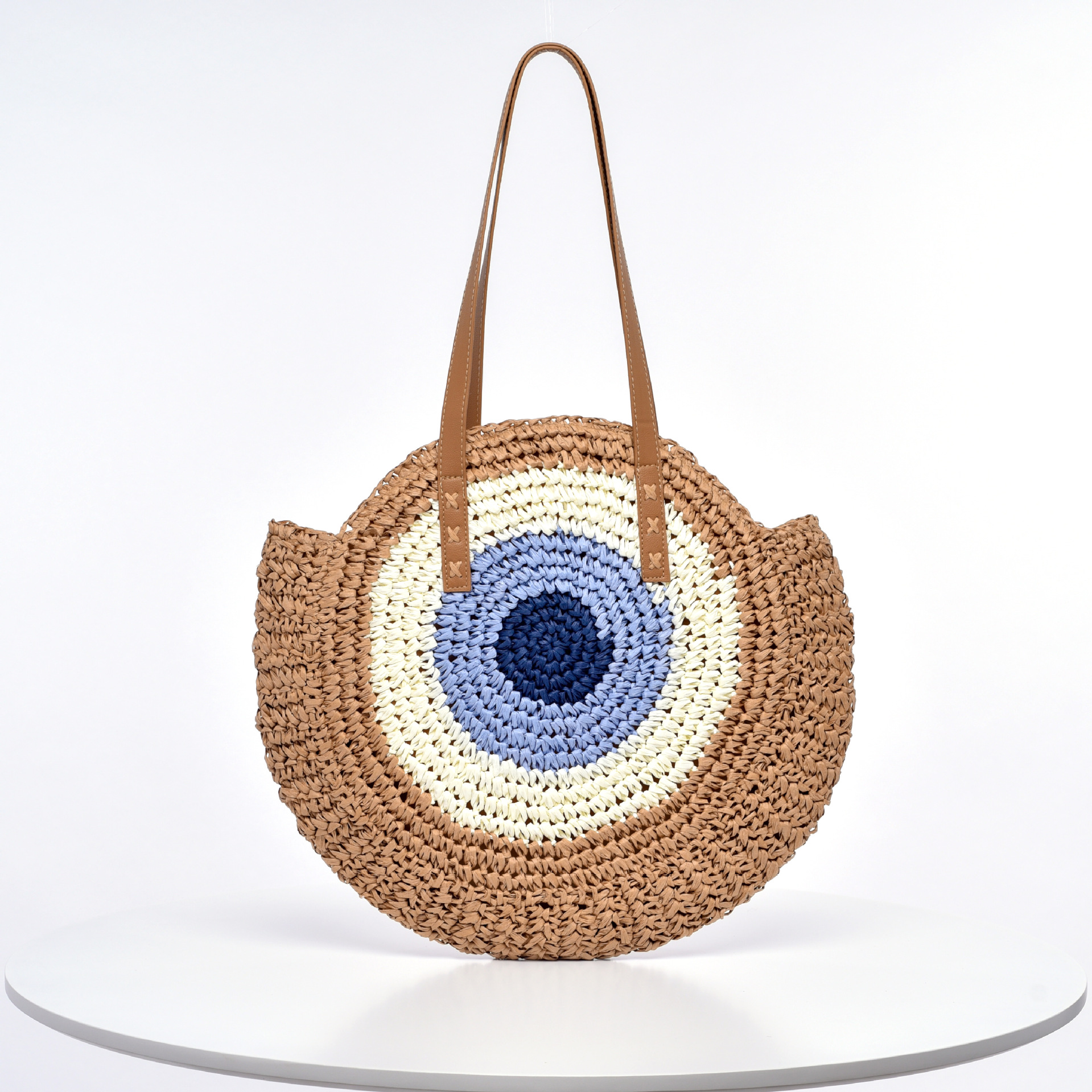 Borsa da donna intrecciata a mano, grande, a forma di cuore blu, rotonda, in paglia, fatta a mano, per le vacanze al mare, spiaggia, monospalla, fabbrica_voghion.com