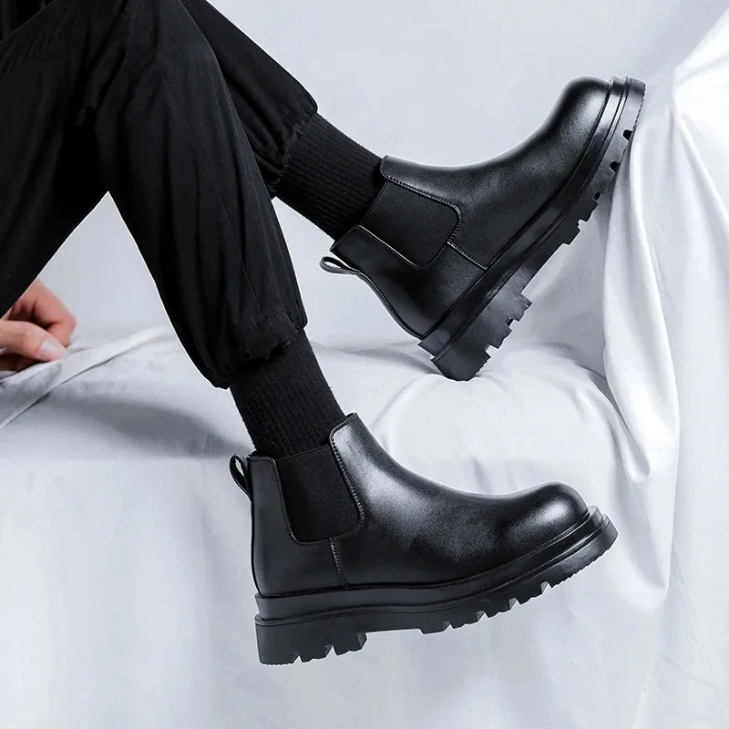 Men's Platform Chelsea Boots Leather High Top Elevator Shoes_voghion.com