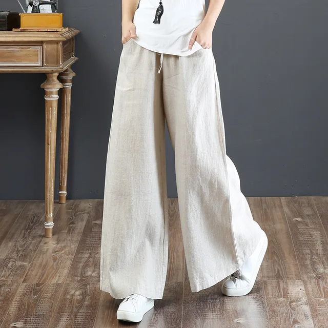 Pantalon en lin grande taille pour femme, vêtement solide, mode coréenne, taille haute, survêtement ample, offre spéciale_voghion.com