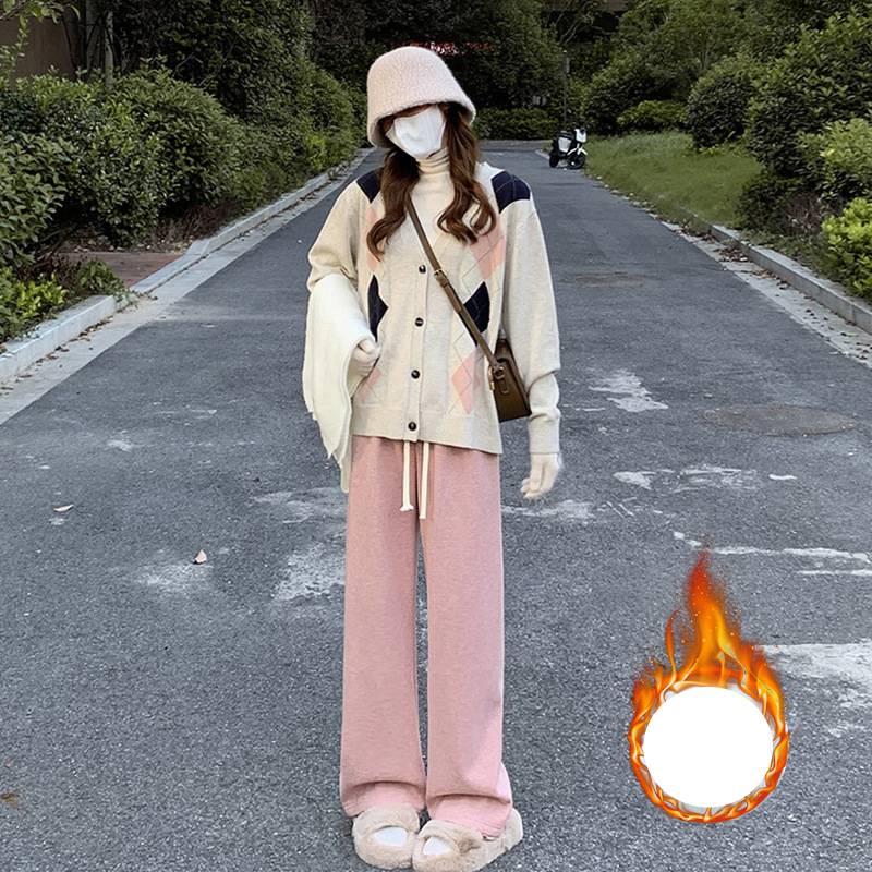 Pantalon tricoté rose imitation cachemire pour femme, automne et hiver, velours épais, taille haute, drapé, ample, décontracté, droit, jambes larges_voghion.com