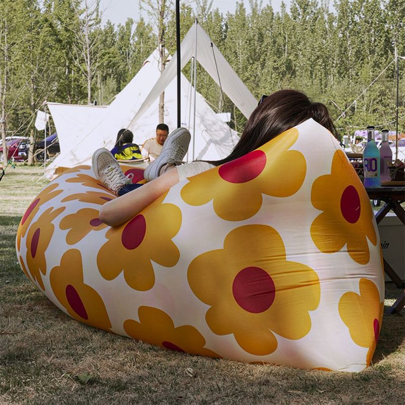 Outdoor lazy iatable yellow and white sofa folding portable picnic camping solid color air mattress outdoor furniture_voghion.com