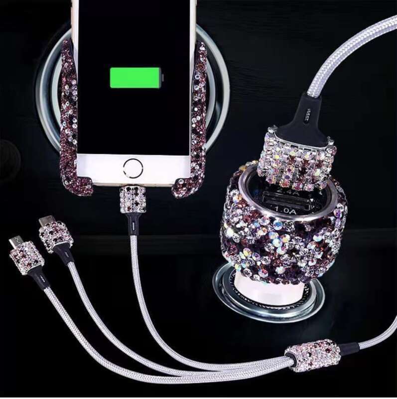Elmas Gömülü Bir ila Üç Hızlı Şarj Veri Kablosu, Araba USB Çakmak, Cep Telefonu Şarj Cihazı_voghion.com