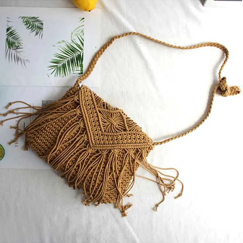 Handmade Cotton Woven Knitted Crossbody Bag With Tassels Vintage_voghion.com