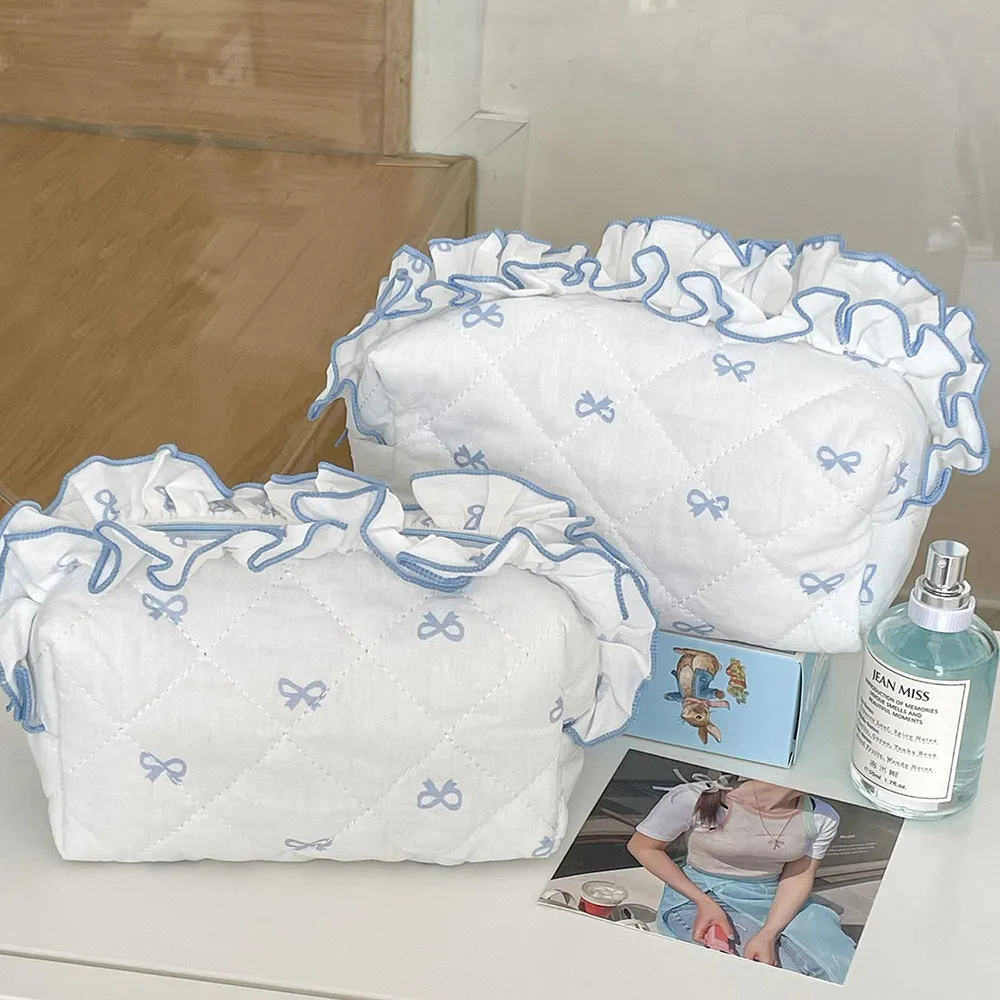 Korea Bow Print Damen Make-up Große Kapazität Tragbare Kosmetiktasche für Reisetoilettenartikel Gekräuselte Kante Kosmetikaufbewahrung_voghion.com