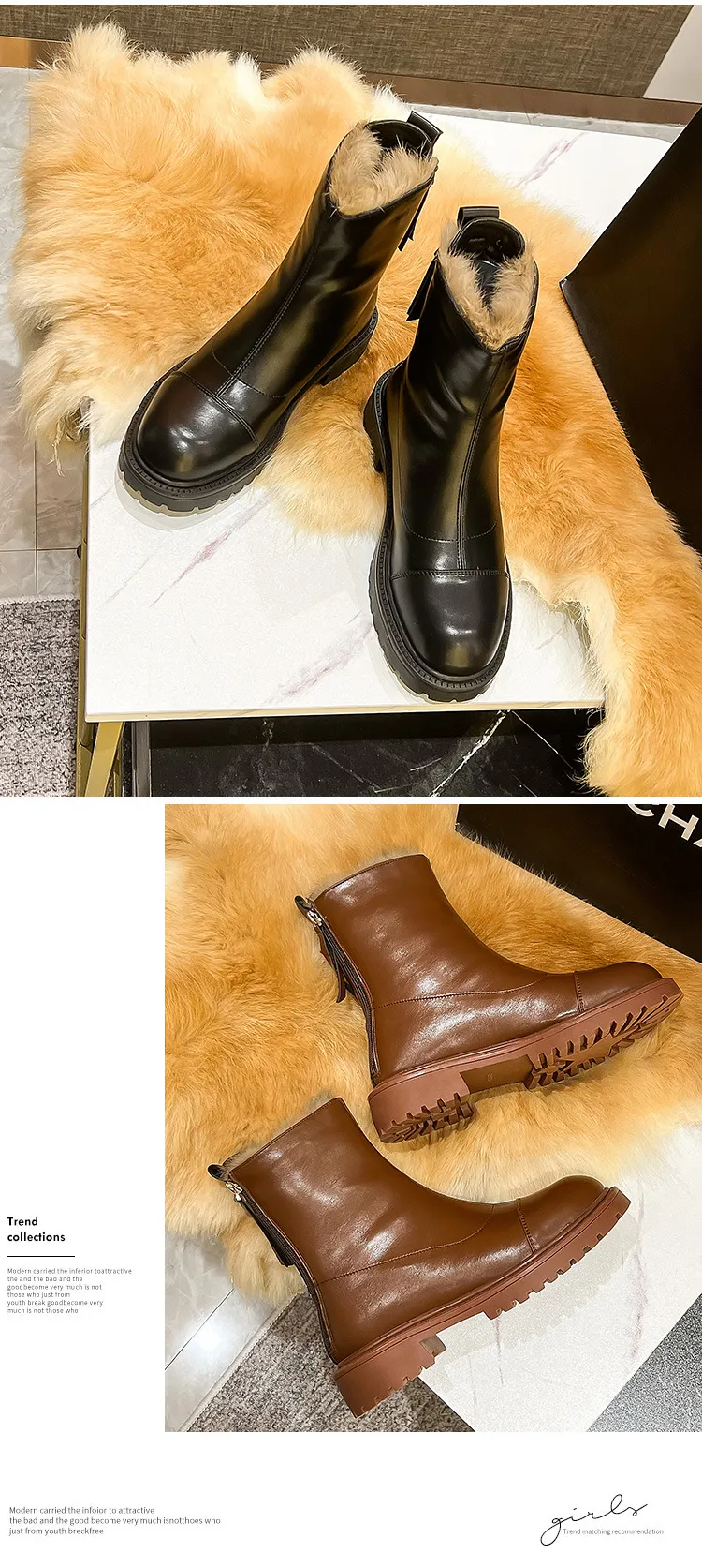 Kurze, knielange Ritterstiefel aus Plüsch mit runder Sohle und dickem Absatz in Volltonfarbe und schmaler Passform mit hohem Schaft für Damen_voghion.com