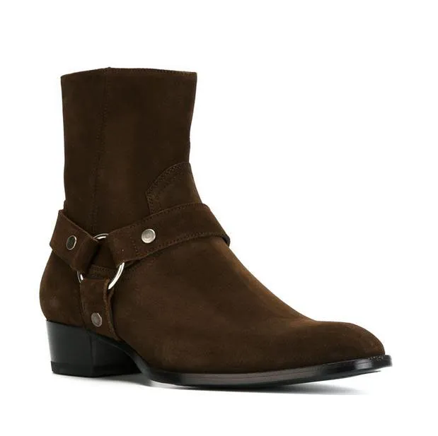 Vente chaude - Mode Biker Chaînes Cheville Hommes Bout Pointu Boucle En Cuir Marron Bottes Habillées Chaussures Hommes_voghion.com