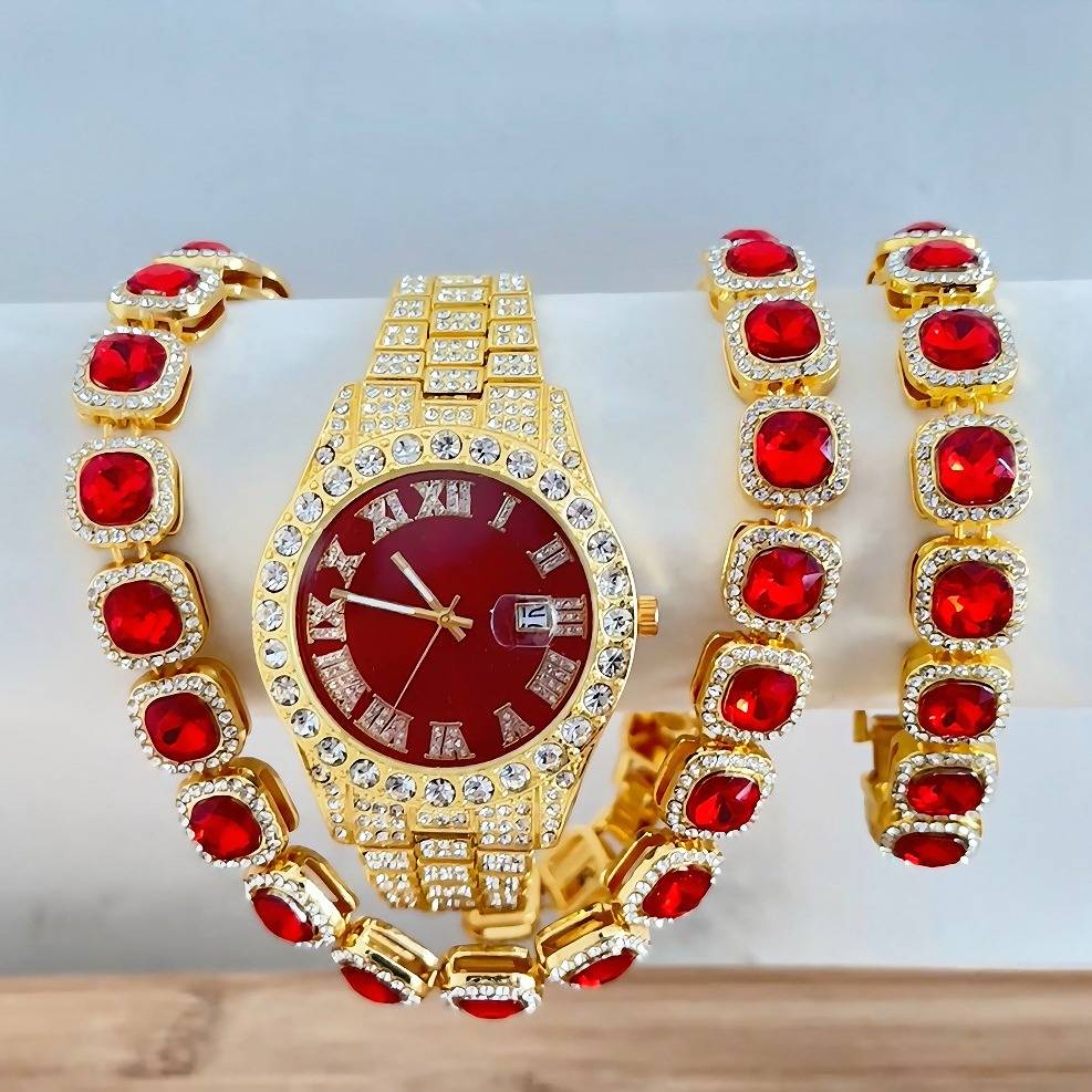 Elegante Quarzuhr aus Edelstahl mit passendem Armband und Halskette – modisches goldfarbenes Zifferblatt (rot/blau/grün) – perfekte Geschenkbox_voghion.com