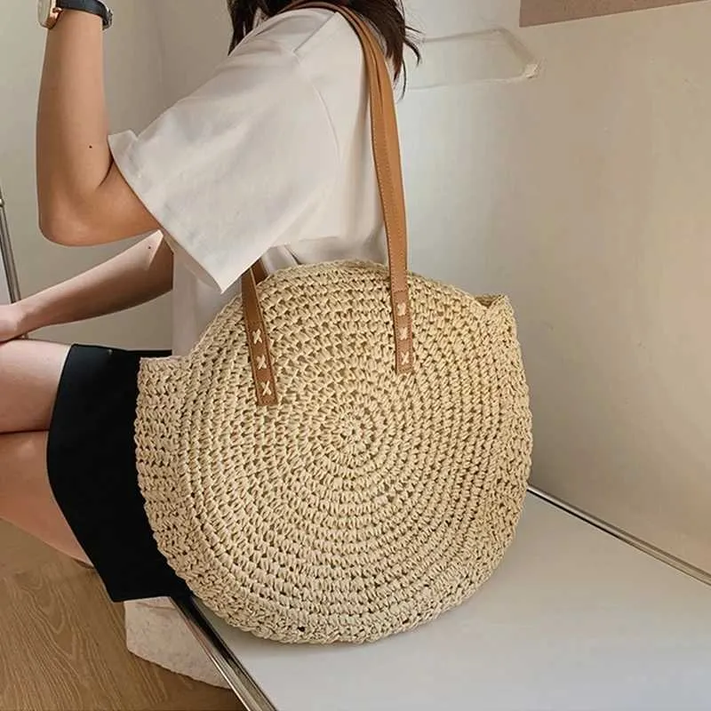 Große Stroh-umhängetasche Für Damen Strandtasche Für Den Urlaub_voghion.com