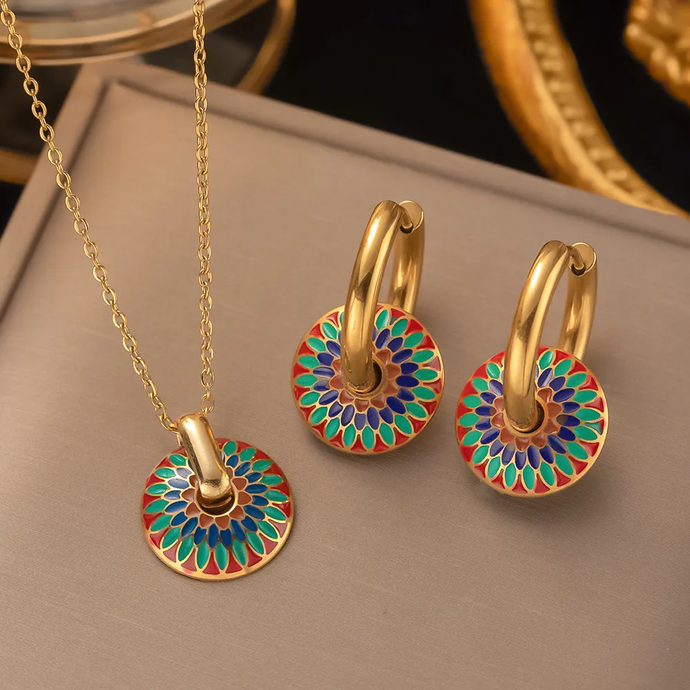 Wedding Sets 316L Stainless Steel Romantic Retro Enamel Round Gold Color Ear Buckle Hoop Earrings For Womens Fashion_voghion.com