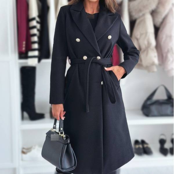 Elegant Double-Breasted Belted Wool Blend Coat For Women - Slim Fit Long Trench Coat With Notched Lapel, Autumn Winter Fashion Outerwear