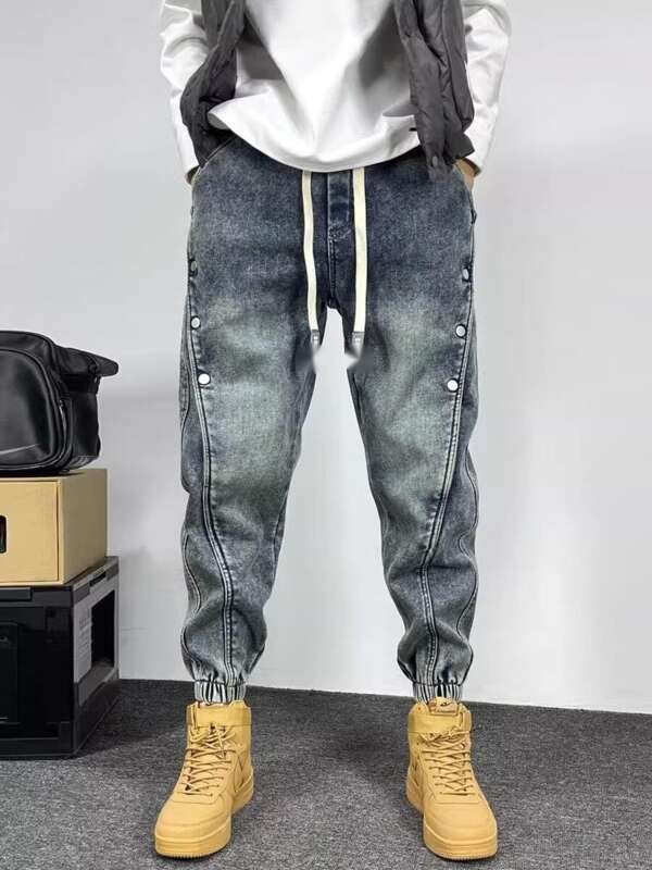 Washed Blue Jeans For Men, Durable Spring Summer Fashion Brand, Loose Ankle Tied, Harem Pants, Rugged And Stylish, With_mkmklike.com