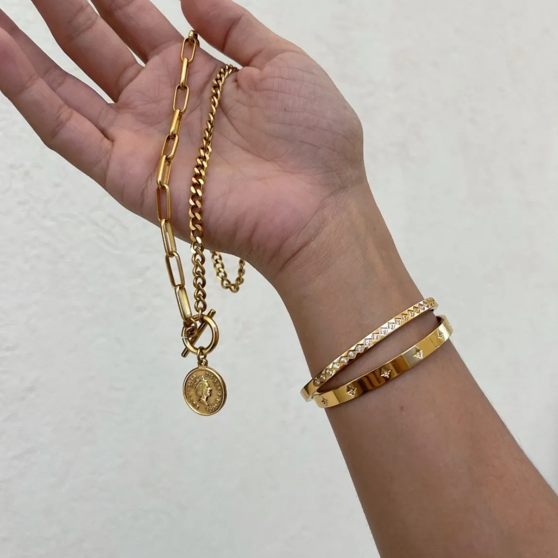 New Waterproof Stainless Steel Stacking Open CZ Cuff Bangles Gold Plated Star Zircon Bracelet Women INS Summer 2022_voghion.com