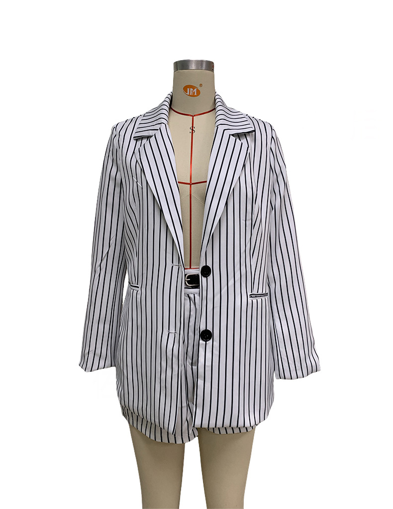 Women's Fashion Temperament Printed Striped Long-sleeved Jacket And Shorts Two-piece Set_voghion.com
