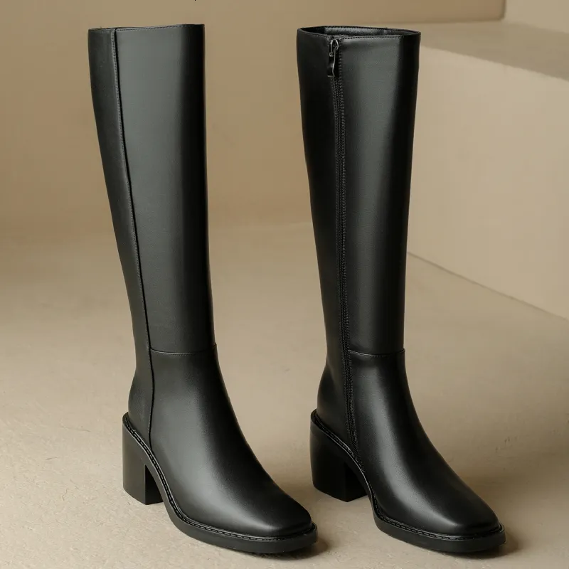 Genuine Leather Tall Women Thick Heels Knee High Boots Autumn Winter Warm Ladies Long Shoes Black Elegant Designer_voghion.com