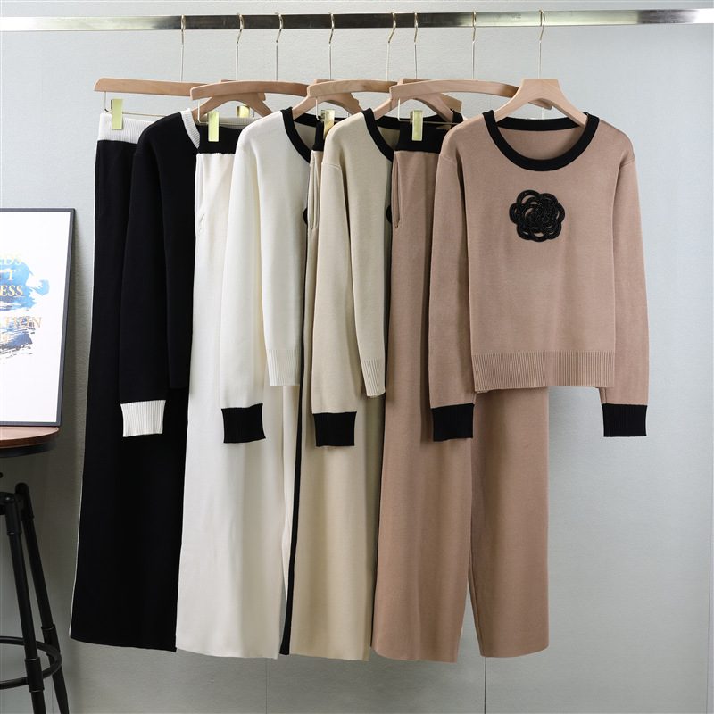 Women's Clothing autumn new camellia knitted suit women's round neck knitted sweater wide leg pants temperament two piece suit