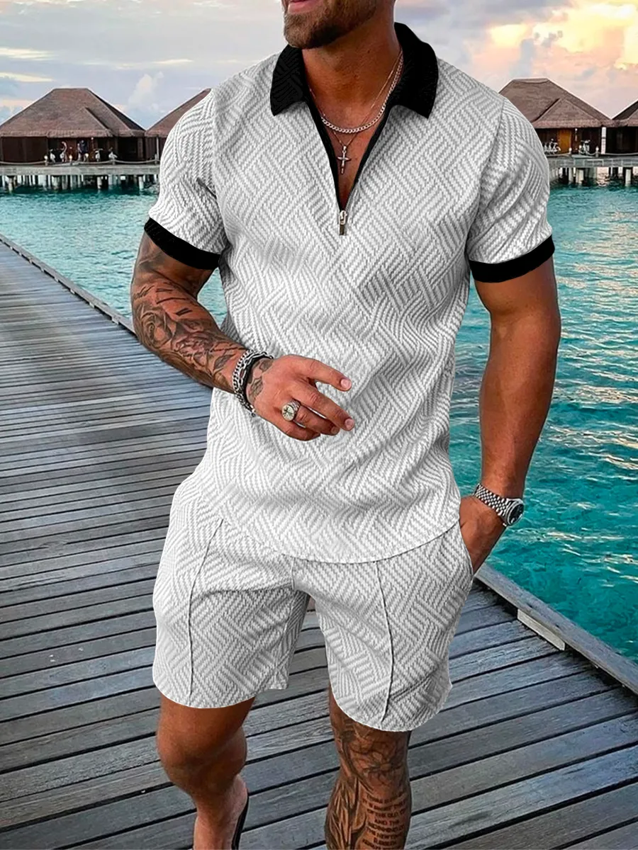 Survêtements pour hommes, ensemble de costume d'été imprimé 3D couleur unie, polo à manches courtes et short, mode fermeture éclair, deux pièces pour hommes_voghion.com
