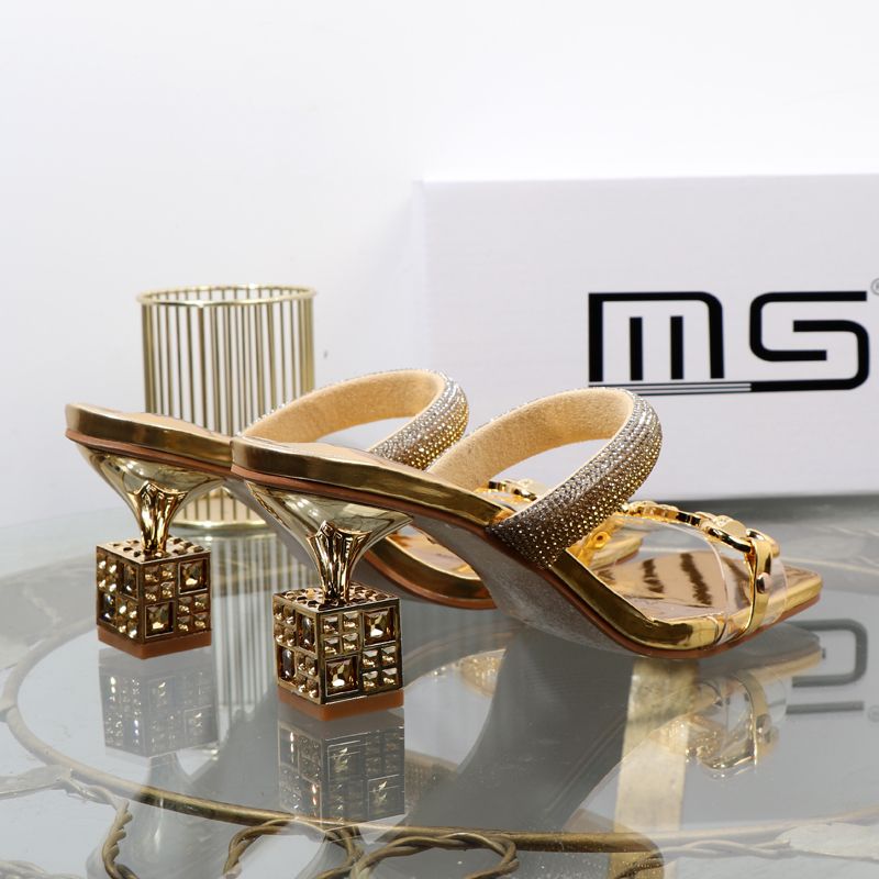Aesthetic Gold High One Word Slipper 2024 Summer New Fashion Thick Irregular Metal High Heel External Wear Sandal