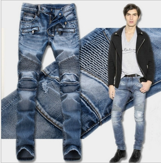 Men's Clothing Light Color Wrinkle Slim Straight Motorcycle Pants Jeans