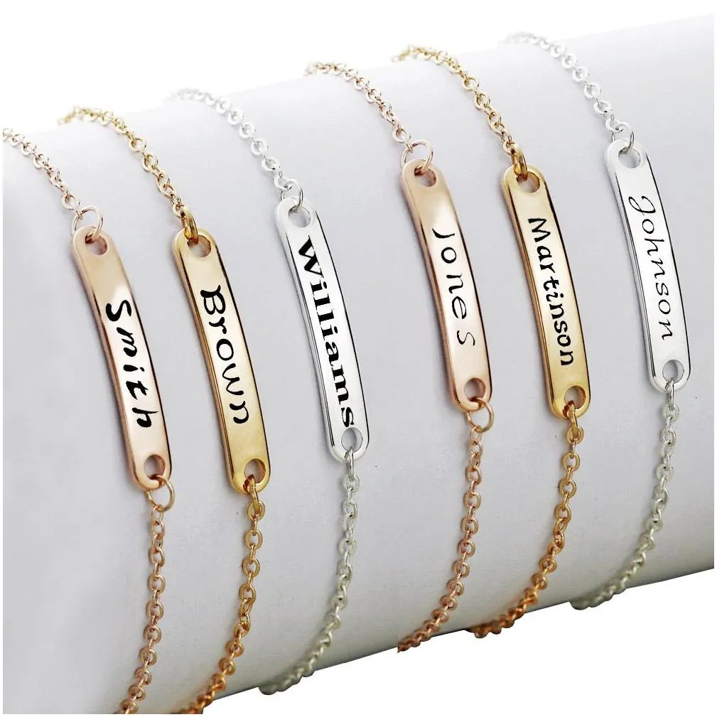 Pulsera de barra en blanco de acero inoxidable con nombre personalizado y dijes iniciales para mujeres, joyería personalizada_voghion.com