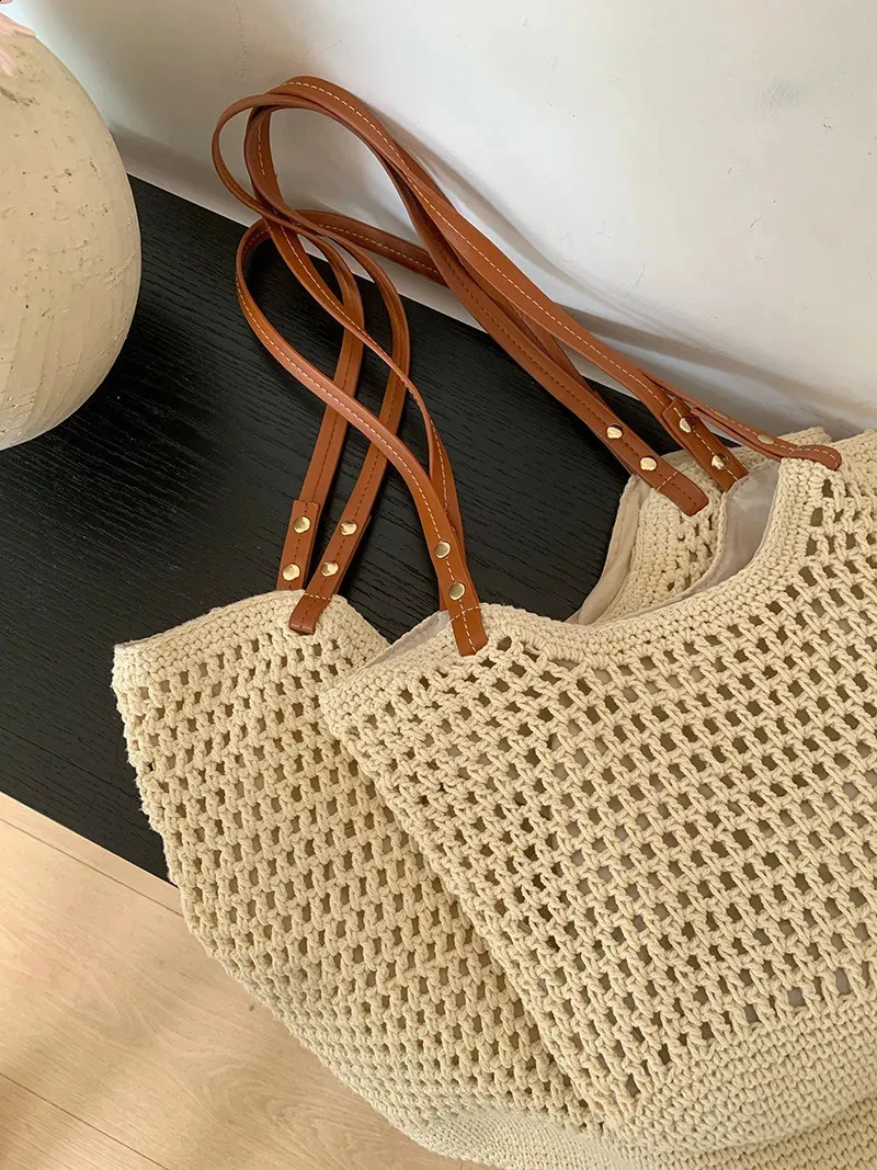 Sac à bandoulière de plage creux tissé grande capacité vacances portable affaires loisirs shopping simple joker haut sens_voghion.com