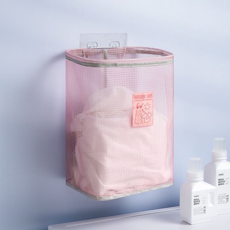 Wall-Mounted Laundry Basket Mesh Bag Foldiable Laundry Basket Adhesiv Dirty Clothes Storage Bag Children Toy Storage Bucket_voghion.com