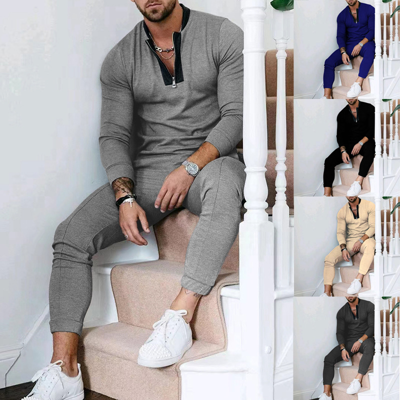 Men's Spring and Autumn 2024 Waffle Trouser Sweater Spliced Stand up Neck Zipper Sports Set_voghion.com