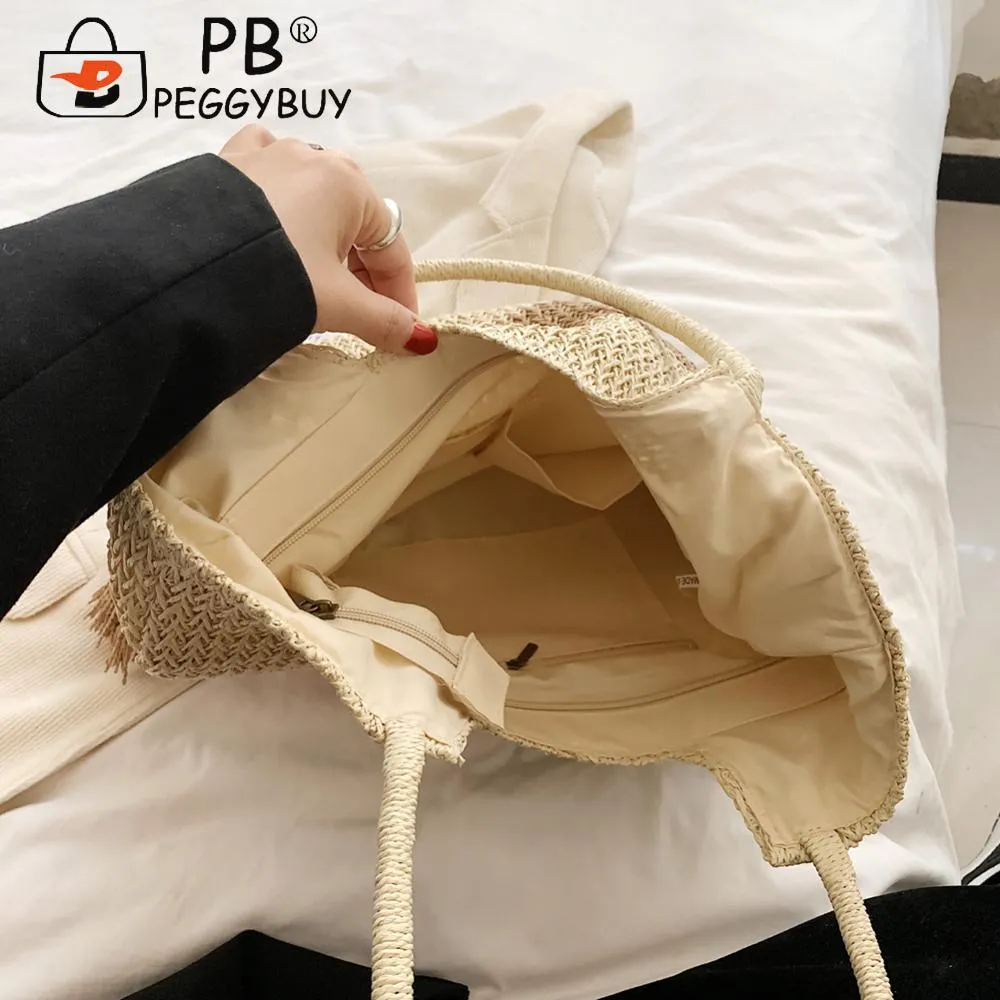 Summer Beach Bags Contrast Color With Tassels Straw Woven Bag Large-Capacity Handmade Fashion Casual Simple For Seaside_voghion.com