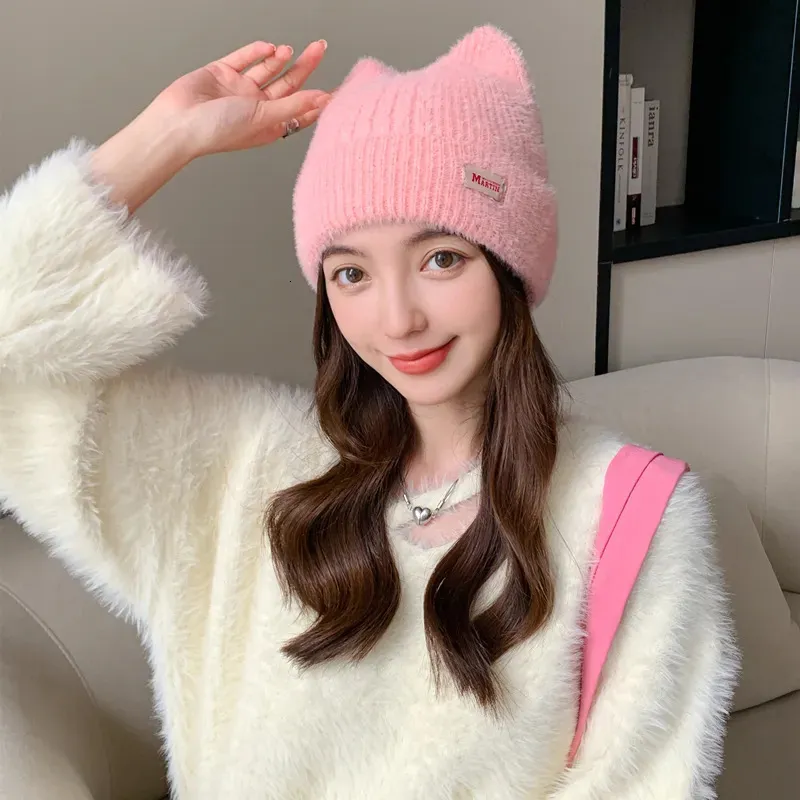 Ženske kape BeanieSkull, slatke mačje uši, zimska kapa s ušima, modna krznena pletena Kpop stila, mekane kape Beanie, ženske slatkiši_voghion.com