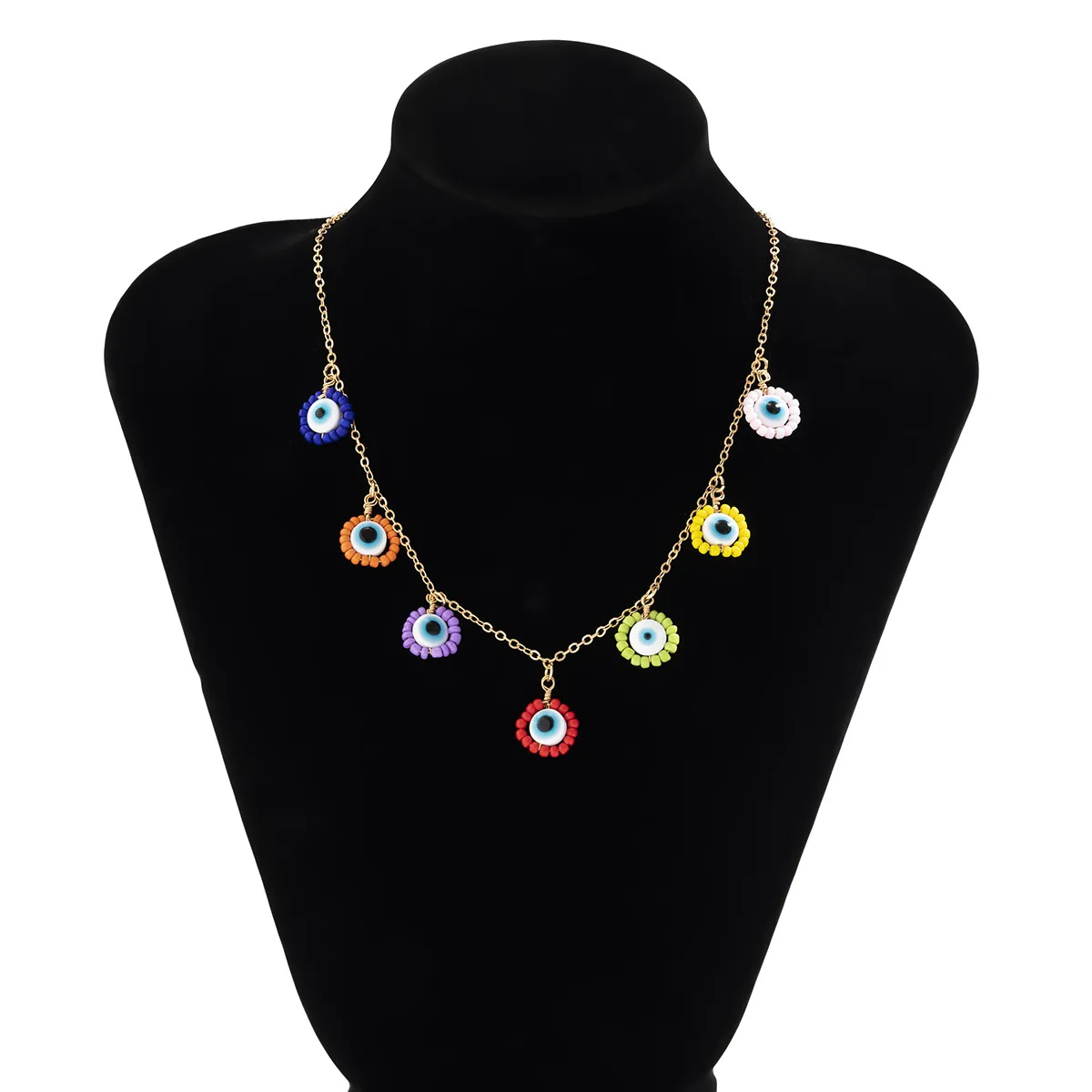 Chains Colored Rice Bead Daisy Tassel Chain Necklace For Women Simple Fashion Gold Plated Turkey Eyes Pendant 2023_voghion.com