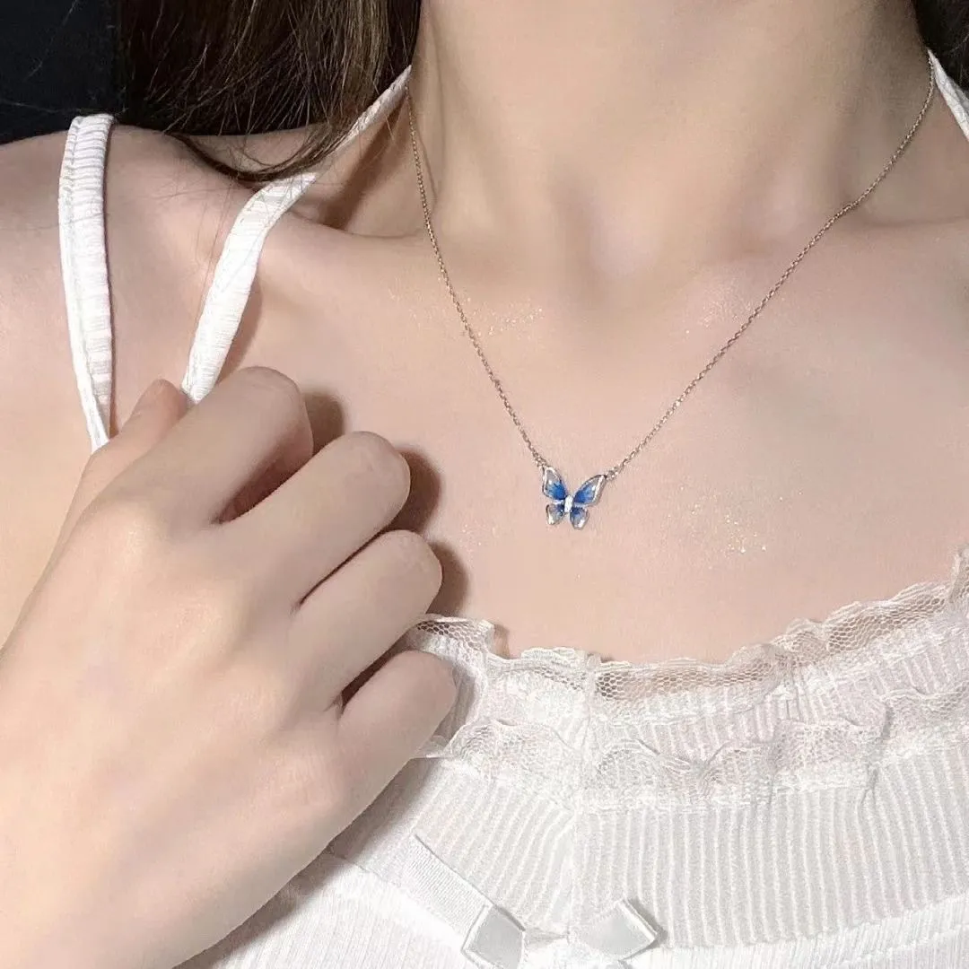 Chains Smart Gradient Blue Butterfly High-end Design Necklace Niche Light Ins Style Simple Fashion Clavicle Chain For_voghion.com