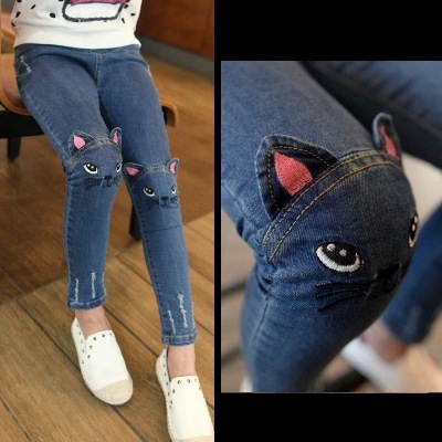 Mother & Kids Girls jeans spring and autumn new Korean version of small and medium-sized children's elastic slim cat head pencil pants trendy_voghion.com