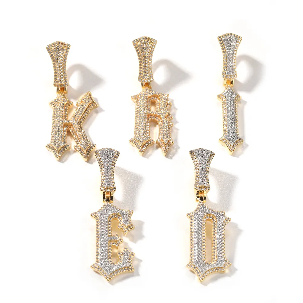 A-Z Burr Initial Englisch Buchstabe Anhänger Halskette Echtgold Iced Out CZ Stein Zirkonia DIY Bling Kristall Charm Hip_voghion.com