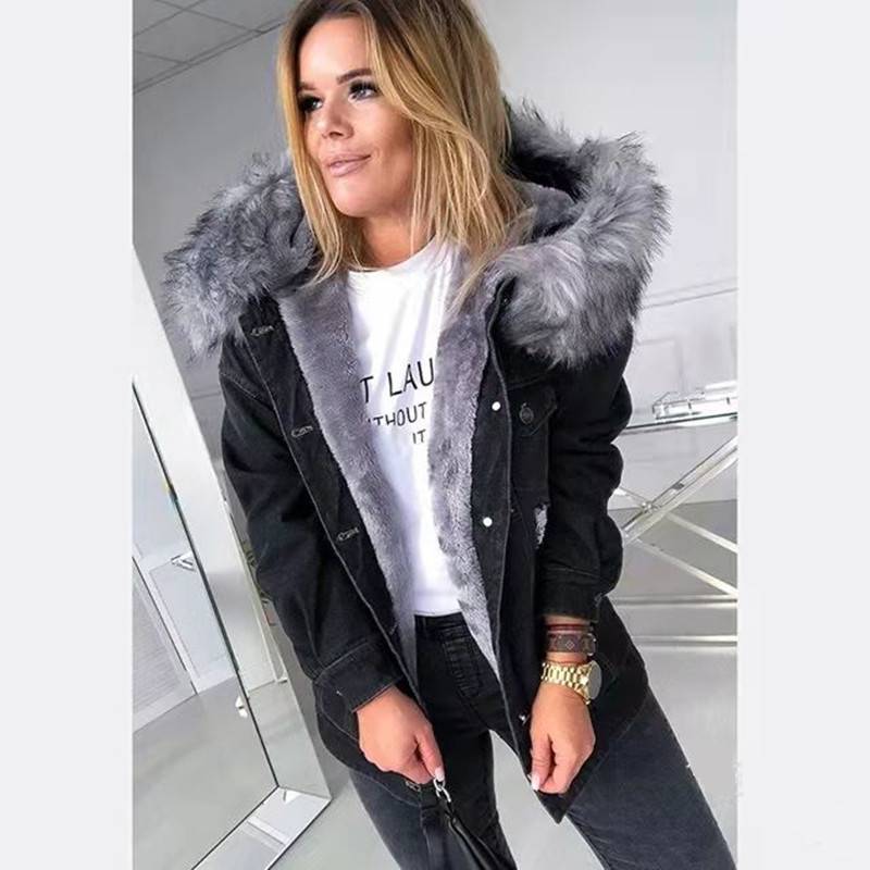Women's Clothing Retro Denim Jacket With Large Fur Collar, Stylish And Warm For Commuting, Mid Length Distressed And Vintage Style._mkmklike.com