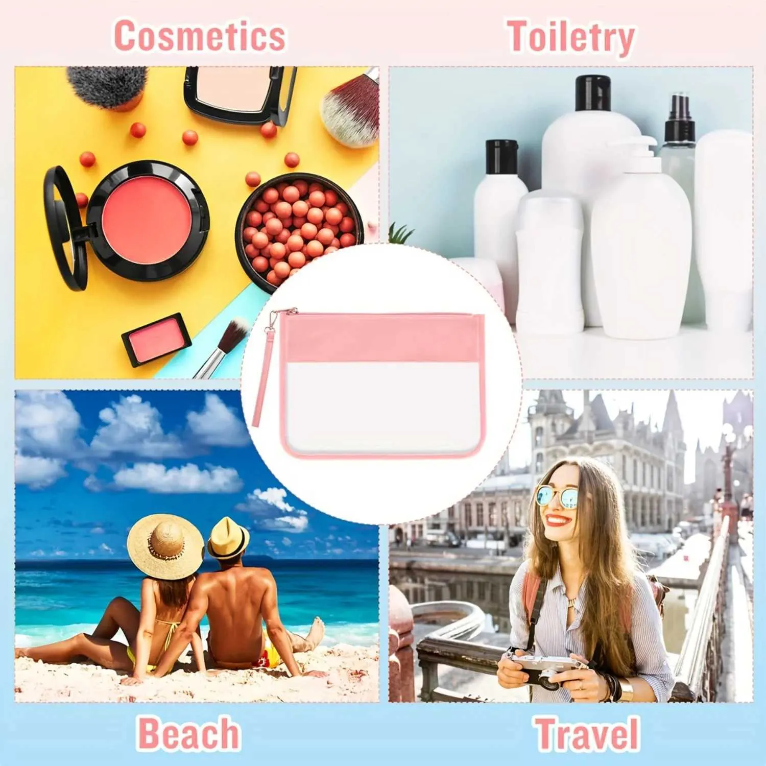 1 organizer da viaggio in PVC impermeabile per il trucco con cerniera, borsa da toilette trasparente, portafoglio e snack Y241023_voghion.com