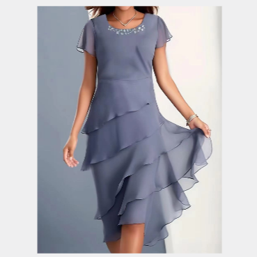Women’s Clothing summer dress splicing chiffon round neck short sleeved dress