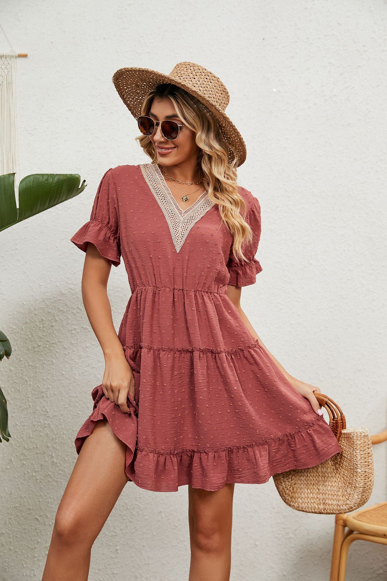 Damen-Kleid aus Jacquard-Wollknäuel mit V-Ausschnitt, lockeres, festes Kleid mit elastischer Taille_voghion.com