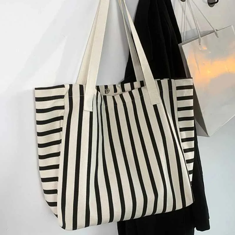 New Beach Handbag Fi Wen Canvas Summer Large Capacity Strip Shopping Bag Y241109_voghion.com