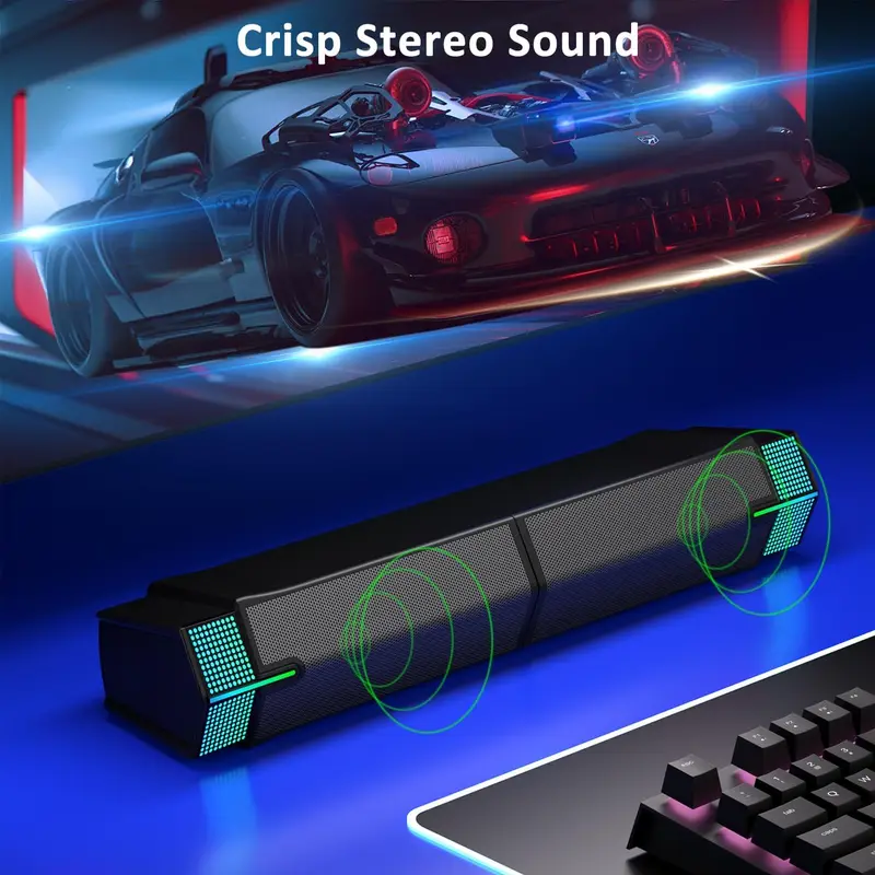 Bluetooth Computer Speakers For PC Desktop Monitor, Gaming PC Sound Bar-Wired USB-Powered,Superb Stereo Sound,with LED Lighting_voghion.com