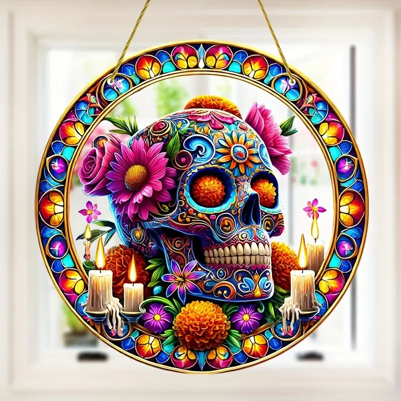Vibrant Sugar Skull Suncatcher - 9" Stained Acrylic Art. Festive Decor For Dia De Muertos Celebrations Or Cafe Spaces._voghion.com