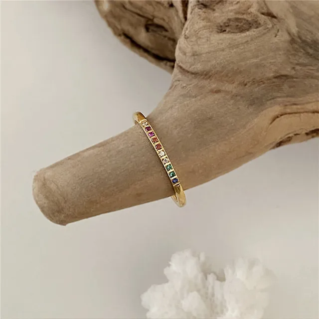 Ready Stock Fashion Edelstahl Regenbogen Farbe Kubikzircon Stein Fingerringe für Frauen Vergoldet Wasserdicht Stacker Ring_voghion.com
