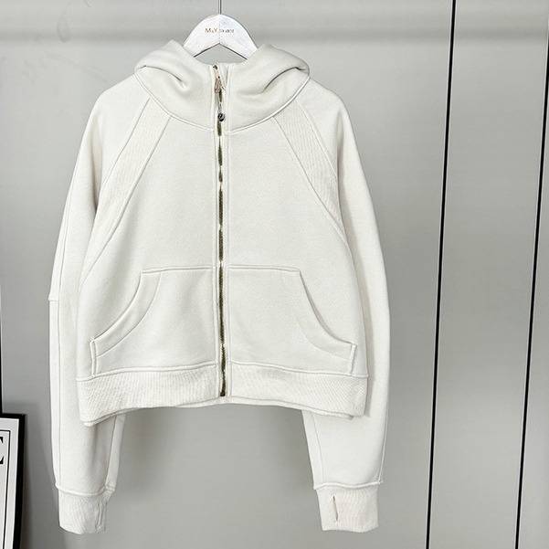 Damen-Scuba-Hoodie mit Fleecefutter und goldenem Reißverschluss – Gemütliche Oversize-Yogajacke für den Winter (Weiß, Rosé, Kastanienbraun)_voghion.com