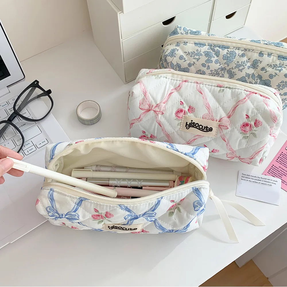 Borsa da trucco con cerniera, grande capacità, portatile, per cosmetici da donna, con fiocco e fiore, per ragazze._voghion.com