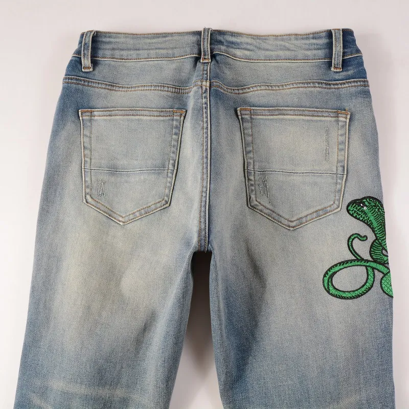 Men's Jeans Light Blue Embroidered Snake Patchwork High Street Stretch Distressed Slim Fit Ripped Men_mkmklike.com