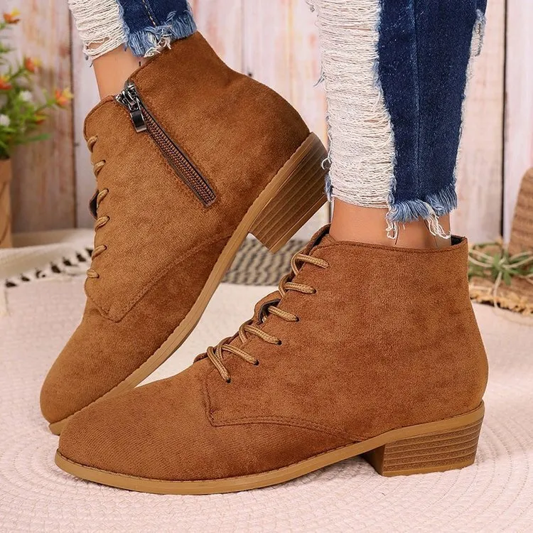 Women's Suede Short Boots With Zipper And Cross Tie Design_voghion.com