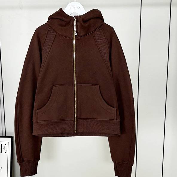 Damen-Scuba-Hoodie mit Fleecefutter und goldenem Reißverschluss – Gemütliche Oversize-Yogajacke für den Winter (Weiß, Rosé, Kastanienbraun)_voghion.com