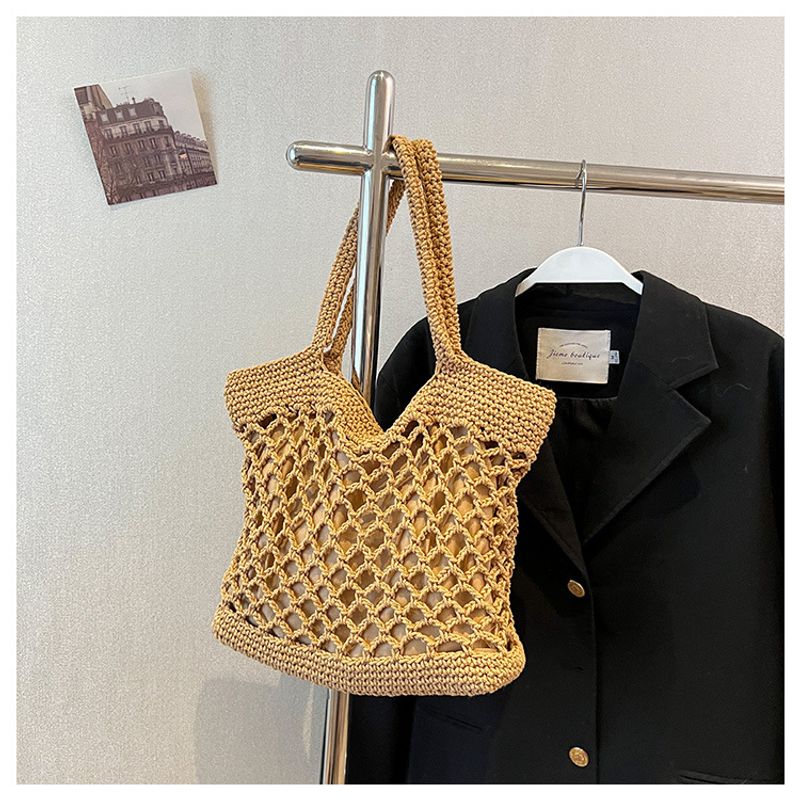Dame, handgehäkelte Tasche, trendige weibliche Wald-Stil, tragbar, One-Shoulder-Urlaub, Strand, Strohtasche,_voghion.com