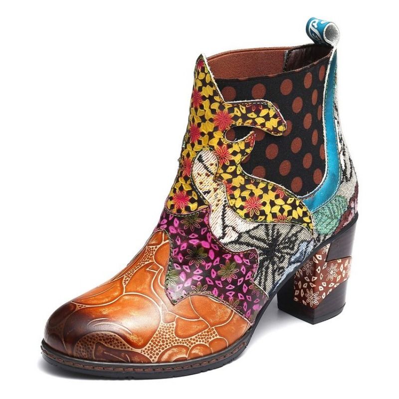 Vintage Splicing Impresso Tornozelo para Mulheres Sapatos Femininos PU Couro Retro Bloco Salto Alto Bohemian Senhoras Inverno Curto_voghion.com