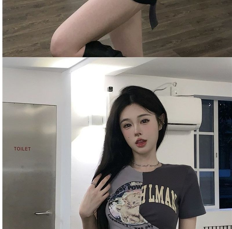 Spicy Girl Strap T-shirt met korte mouwen voor de zomer van vrouwen Instagram Trendy ontwerp, kleine opdruk, strak kruis, unieke top_voghion.com