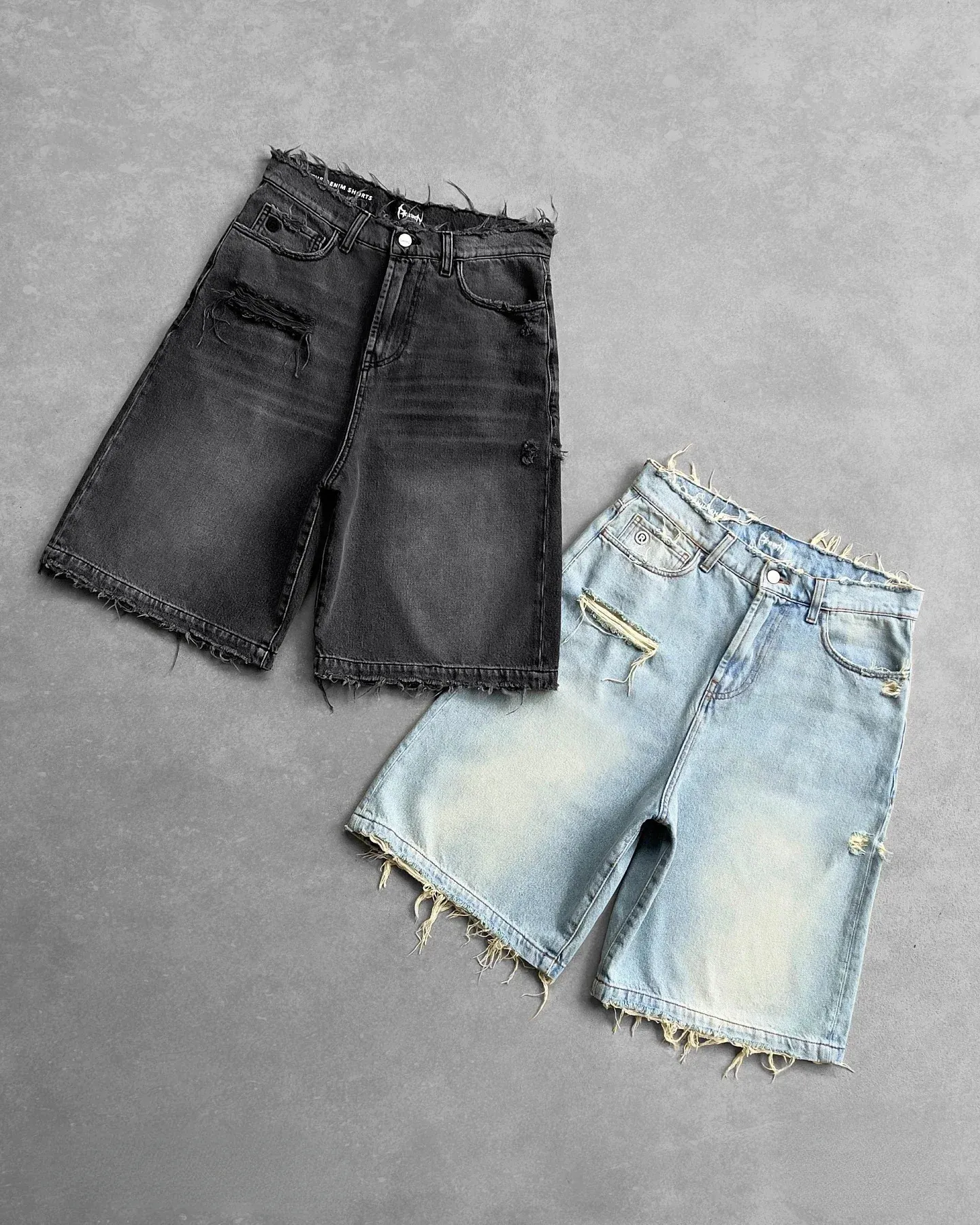 Reaven Summer Hip Hop Ripped Hole Raw Edge Denim Black Blue Wash Punk Work Shorts Vintage Men Women Jorts Y2K Streetwear_voghion.com